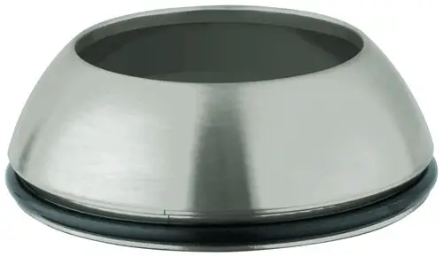 GROHE Abdeckung aus gebürstetem Edelstahl mit schwarzem Gummi-Ring an der Unterseite, runde Form mit gewölbtem Design.