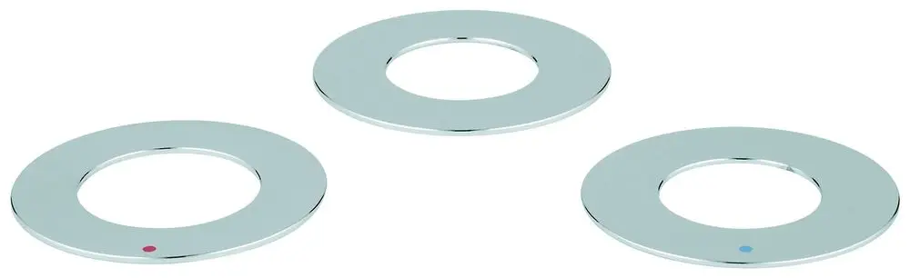 Drei glänzende Abdeckringe in chromfarbenem Metall, mit einem roten, blauen und einem neutralen Ring, gestaltet von Grohe. Sie besitzen einen zentralen runden Ausschnitt.