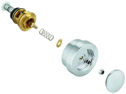 Grohe Umstellungsteile in Chrom, bestehend aus einem inneren Ventilmechanismus, einer Feder, einem Dichtungsring und einem äußeren Chromring.