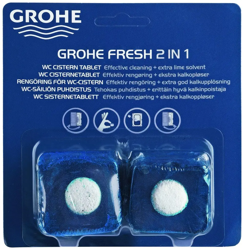 GROHE WC-Dufttabs in blauer Verpackung. Zwei kleine Tabs mit weißem Kern, die zur Reinigung und Entkalkung von WC-Cisternen dienen. Anweisungen auf mehreren Sprachen.