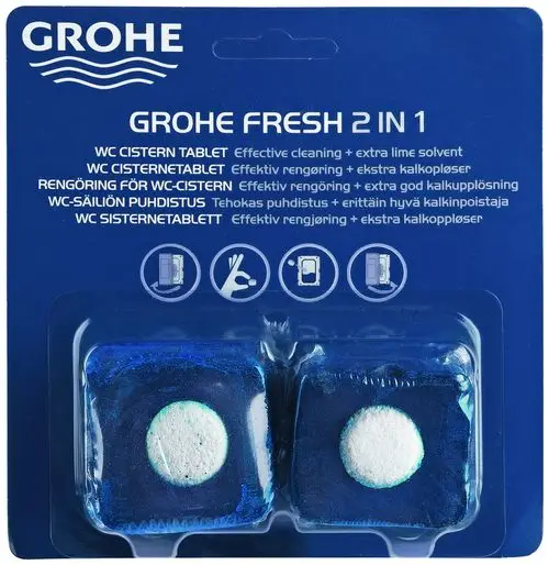GROHE WC-Dufttabs in blauer Verpackung. Zwei kleine Tabs mit weißem Kern, die zur Reinigung und Entkalkung von WC-Cisternen dienen. Anweisungen auf mehreren Sprachen.