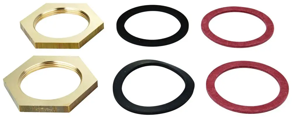 GROHE-Produkte mit zwei goldfarbigen Gegenverschraubungen und vier Dichtungen in verschiedenen Farben, darunter schwarz und rot, auf neutralem Hintergrund.