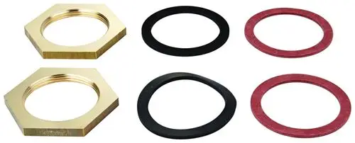 GROHE-Produkte mit zwei goldfarbigen Gegenverschraubungen und vier Dichtungen in verschiedenen Farben, darunter schwarz und rot, auf neutralem Hintergrund.