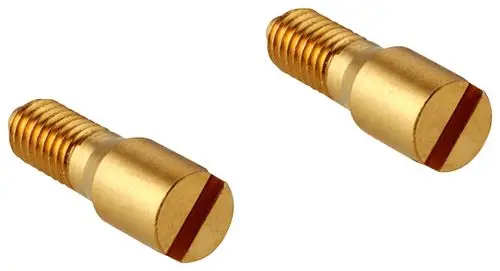 Zwei goldfarbene Schrauben von Grohe mit einem geraden Schlitzkopf und einem gewindet Teil.
