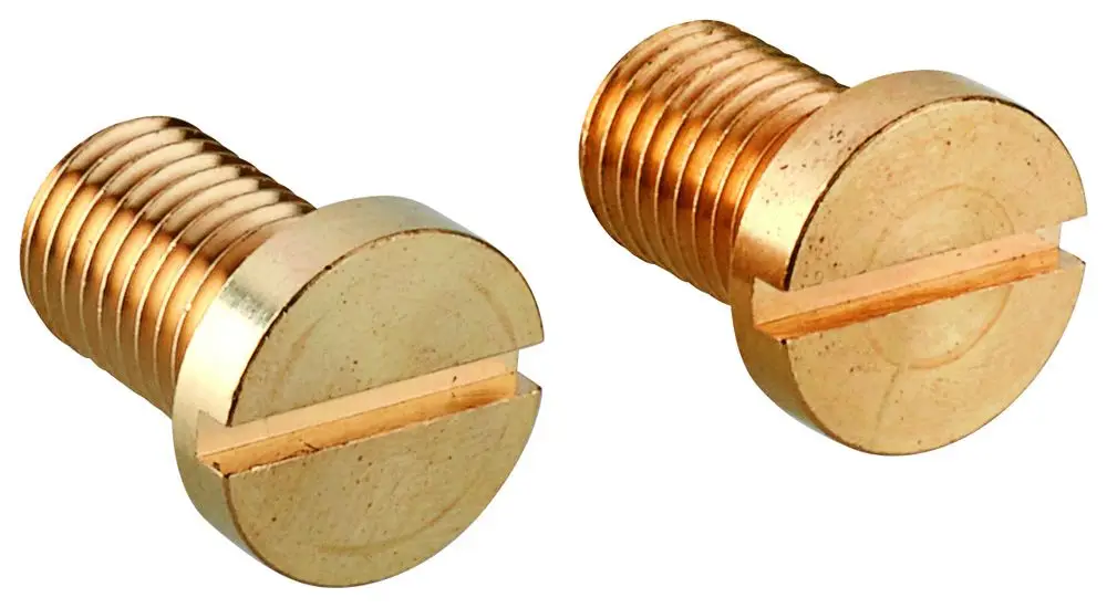 Zwei runde, goldfarbene Schrauben mit Schlitzkopf, geeignet für GROHE Temperaturwählgriff. Die Gewinde sind sichtbar, ohne zusätzliche Beschriftungen oder Logos.