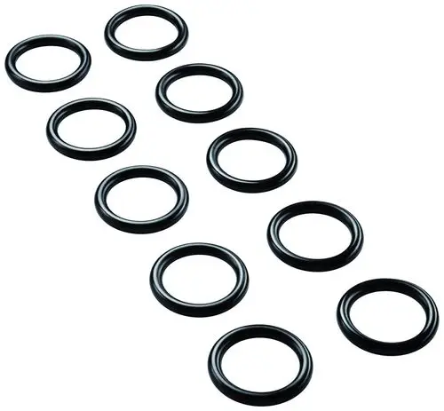 Schwarze O-Ringe in verschiedenen Größen, in einer Gruppe angeordnet. Produkte von Grohe, die für Dichtungsanwendungen in Sanitäranlagen verwendet werden.