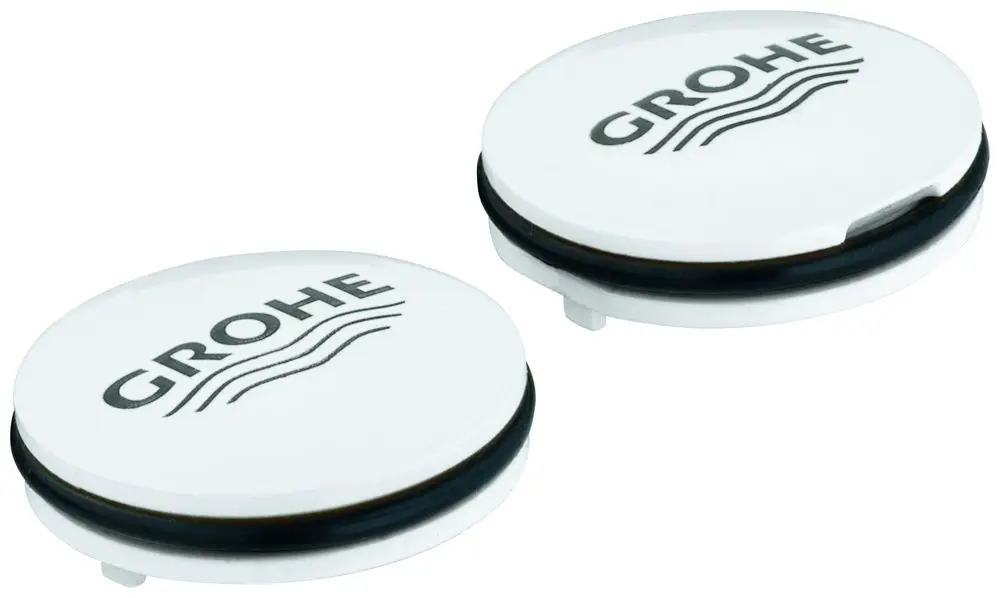 Zwei runde Abdeckkappen in Weiß mit dem Logo von Grohe. Die Kappen sind oval und besitzen einen schwarzen Gummiring zur Dichtung.