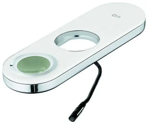 GROHE Bedienpaneel in einer ovalen Form mit zwei runden Öffnungen, einer davon grün. An einem Kabel befestigt, in einer schlichten, modernen Optik.