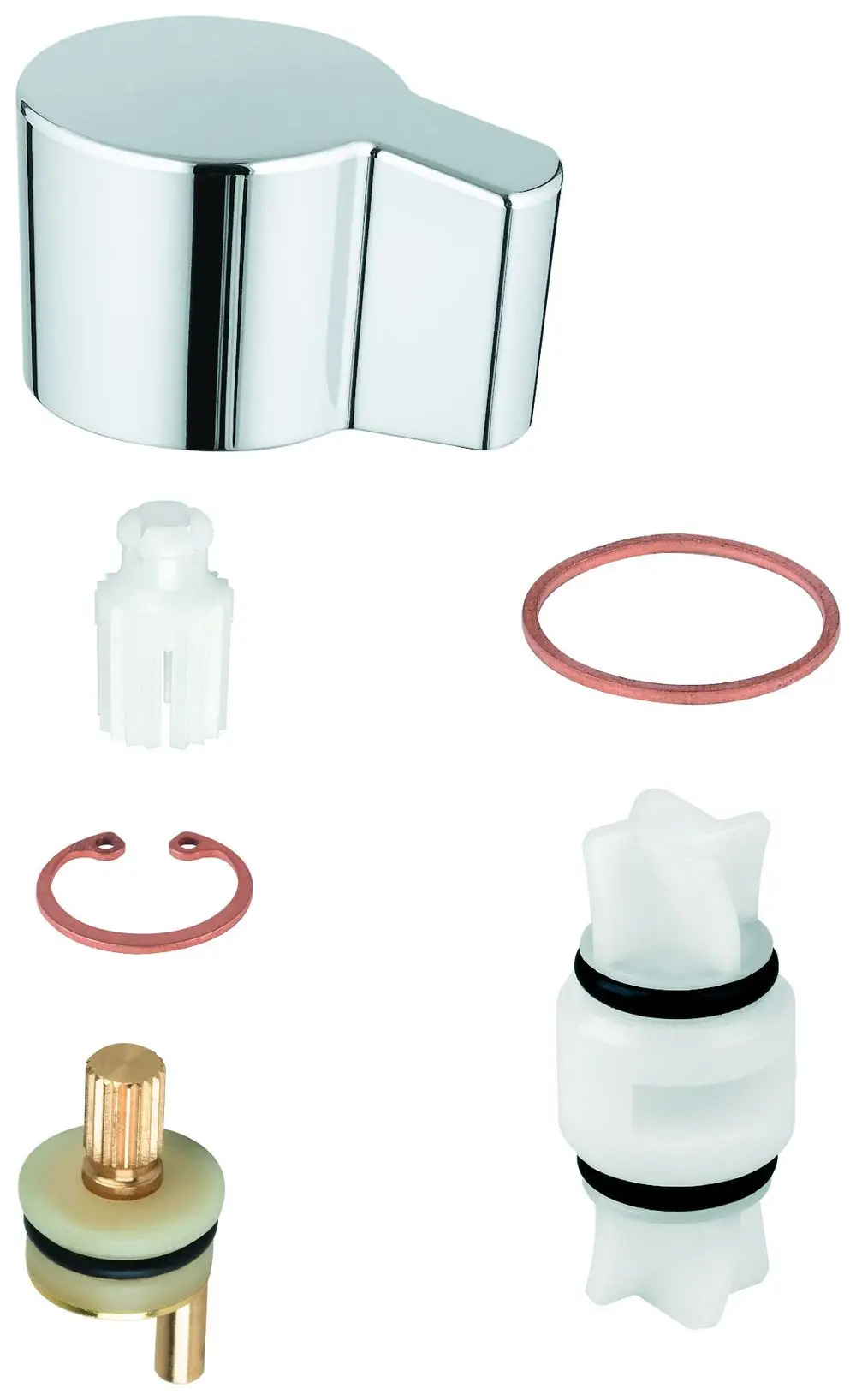 Grohe Ersatzteile mit einem Chromhebel, Kunststoffkomponenten, Dichtungen und Riegel. Das Set enthält verschiedene Elemente zur Steuerung, geeignet für Armaturen.