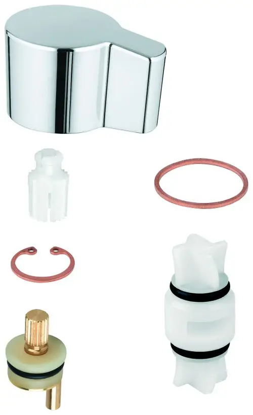 Grohe Ersatzteile mit einem Chromhebel, Kunststoffkomponenten, Dichtungen und Riegel. Das Set enthält verschiedene Elemente zur Steuerung, geeignet für Armaturen.