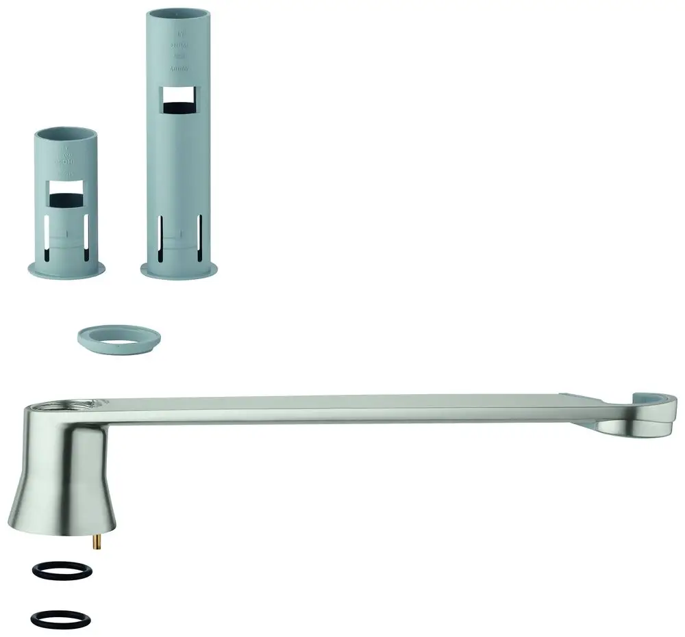Grohe Halter für Spülbrause in Edelstahloptik, bestehend aus einer langen Armatur und zwei unterschiedlichen Halterungen. Zubehörteile zur Installation sind im Bild enthalten.