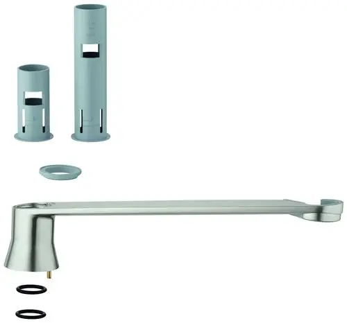 Grohe Halter für Spülbrause in Edelstahloptik, bestehend aus einer langen Armatur und zwei unterschiedlichen Halterungen. Zubehörteile zur Installation sind im Bild enthalten.