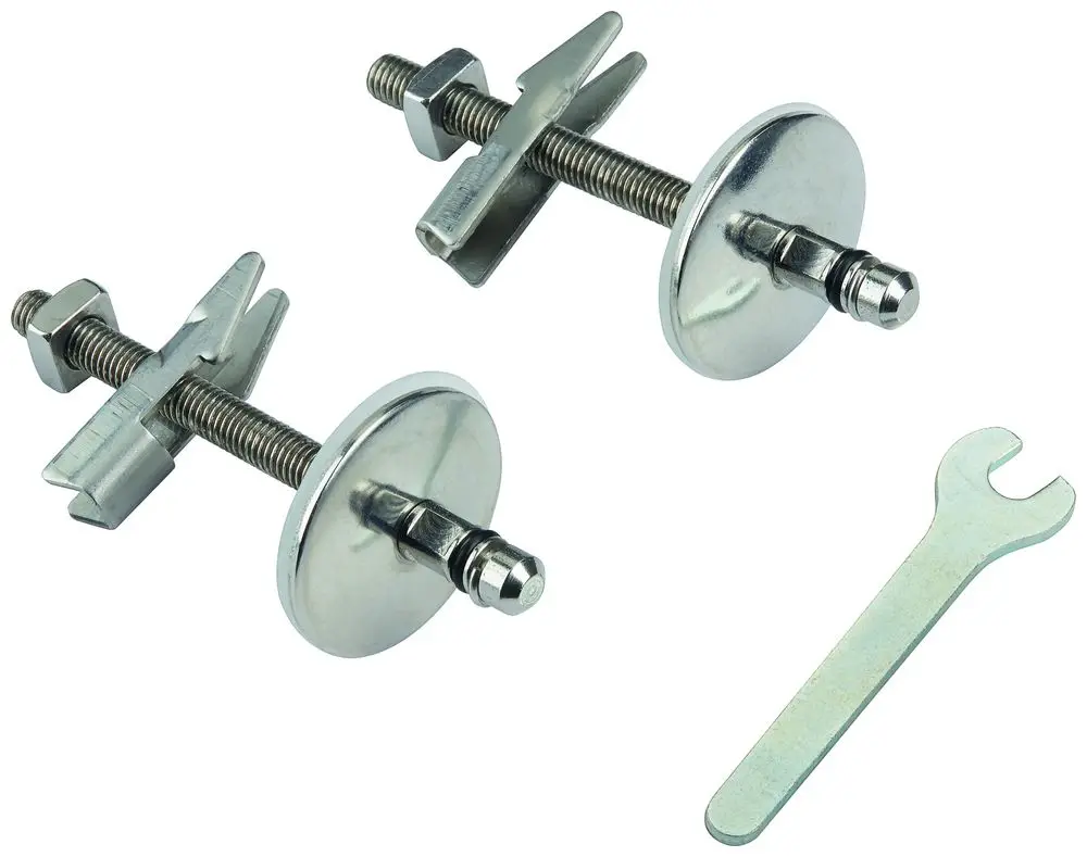 Befestigungssatz von Grohe für WC-Sitz und Deckel, bestehend aus zwei Schrauben mit Unterlegscheiben und einem Werkzeug für die Montage.