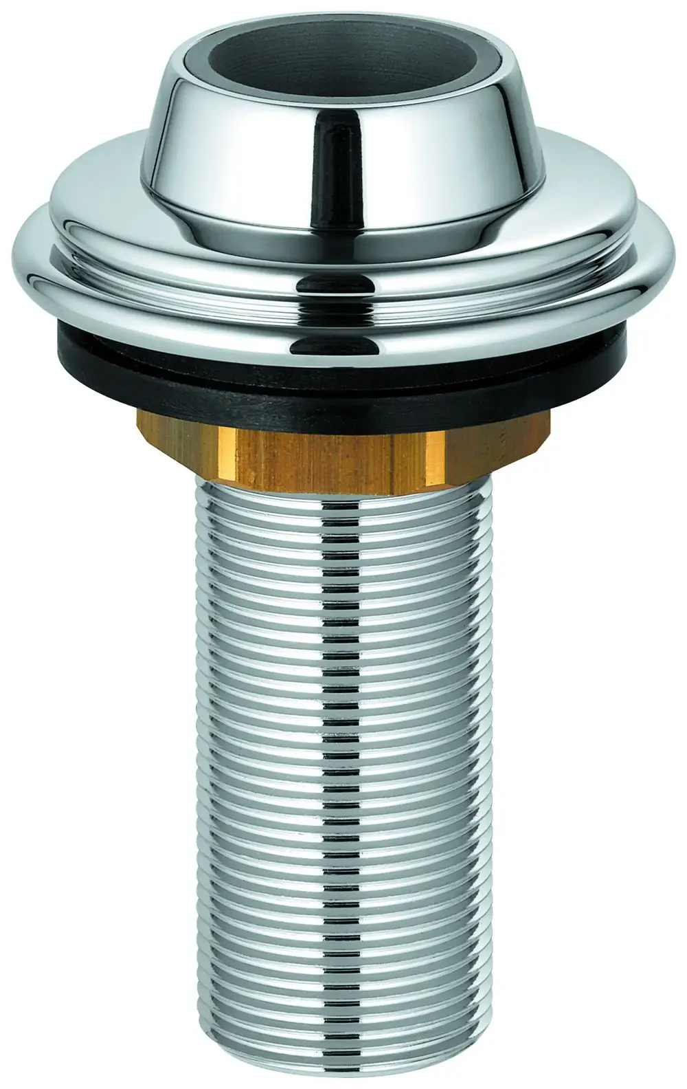 Metallene Schlauchdurchführung in Chromoptik von Grohe, mit gewelltem Element und runder Oberseite, geeignet zur Montage in Sanitäranlagen.