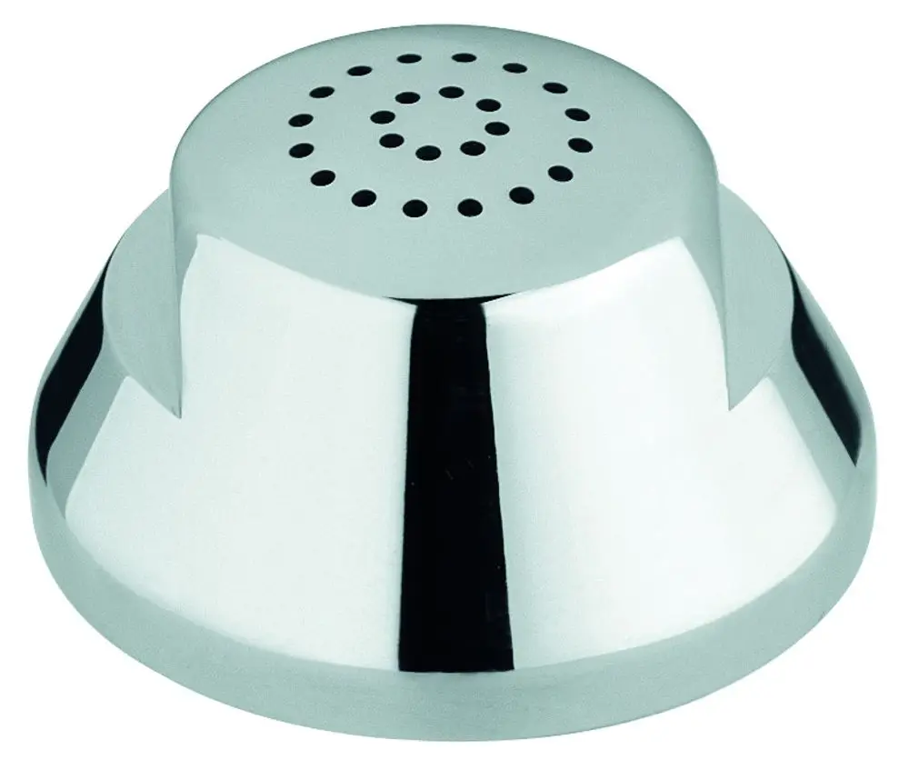 Stainless steel Bidetunterteilung von Grohe. Rundes, flaches Design mit Löchern für Wasserabfluss. Reflektierende Oberfläche, die eine moderne Optik bietet.