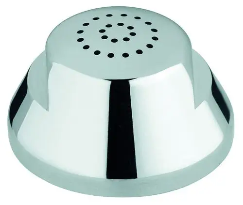 Stainless steel Bidetunterteilung von Grohe. Rundes, flaches Design mit Löchern für Wasserabfluss. Reflektierende Oberfläche, die eine moderne Optik bietet.