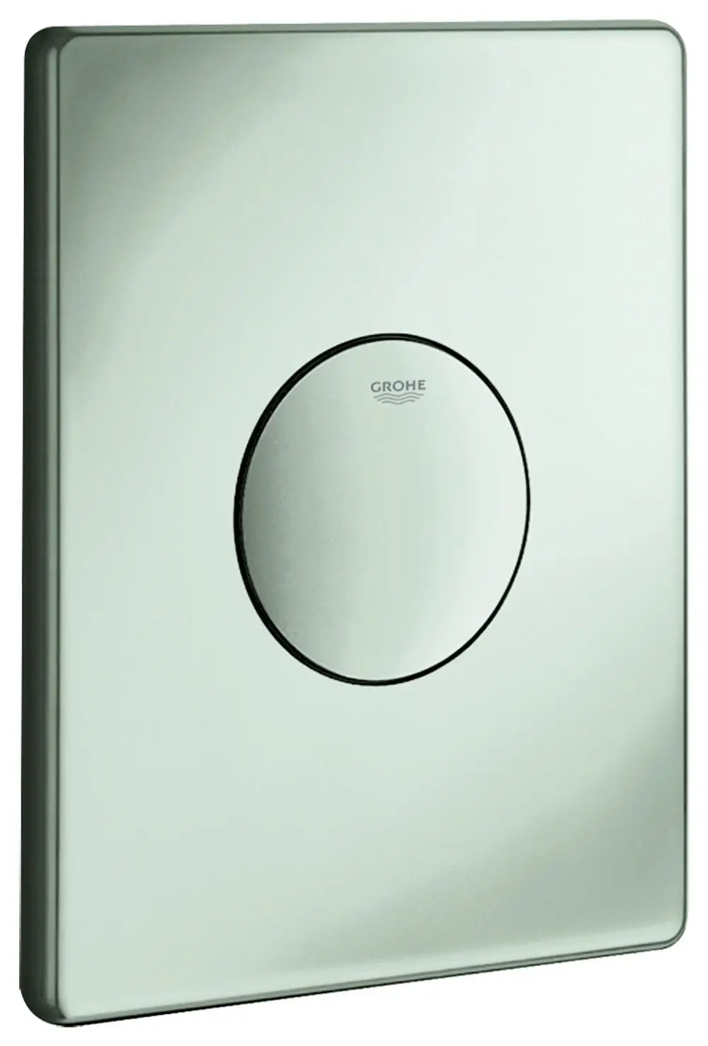Betätigungsplatte von Grohe in mattem Chrom mit runder Drucktaste, rechteckig mit leicht gewölbter Oberfläche. Ideal für WC-Anlagen.