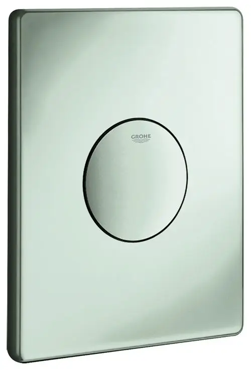 Betätigungsplatte von Grohe in mattem Chrom mit runder Drucktaste, rechteckig mit leicht gewölbter Oberfläche. Ideal für WC-Anlagen.