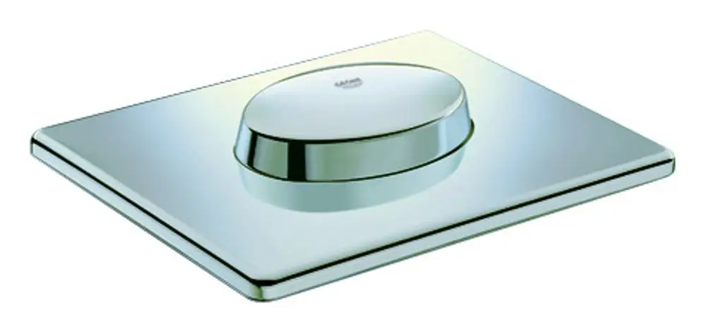 Chromatische WC-Betätigung von Grohe, mit einem ovalen Druckknopf in der Mitte und flacher Grundplatte, geeignet für die wandmontierte WC-Installation.