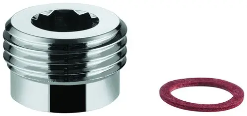 Chromfarbener Adapter mit runder Oberfläche und seitlichen Rillen, daneben eine Dichtung in Rot. Teil von Grohe Sanitärprodukten.