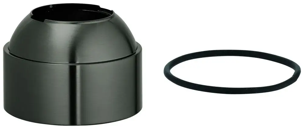 Schwarze, runde Kappe und O-Ring von Grohe, geeignet für eine Armatur. Die Kappe hat eine glatte, glänzende Oberfläche und einen offenen Bereich an der Oberseite.
