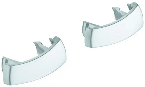 Zwei GROHE Abdeckkappen in einem reflektierenden, metallischen Finish, geeignet für Armaturen und Griffe, zum Abdecken von Befestigungen.