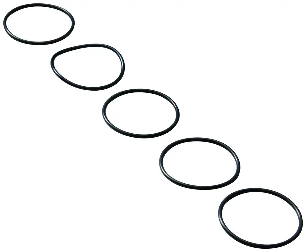 Fünf schwarze O-Ringe von Grohe, in verschiedenen Formen angeordnet, auf weißem Hintergrund. Die Ringe sind zur Abdichtung in Sanitärinstallationen geeignet.