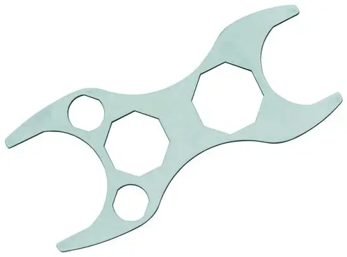 Grohe-Werkzeug in Form eines flachen Schlüssels mit zwei Öffnungen für eine runde und eine sechseckige Befestigung. Eignet sich zur Anwendung in Sanitärinstallationen.
