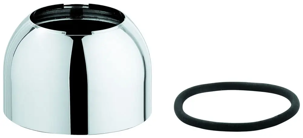 Chromatische Kappe von Grohe für einen Einhandmischer, kombiniert mit einem schwarzen O-Ring. Die Kappe hat eine halbrunde Form und ist für Wasserarmaturen geeignet.