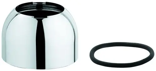 Chromatische Kappe von Grohe für einen Einhandmischer, kombiniert mit einem schwarzen O-Ring. Die Kappe hat eine halbrunde Form und ist für Wasserarmaturen geeignet.