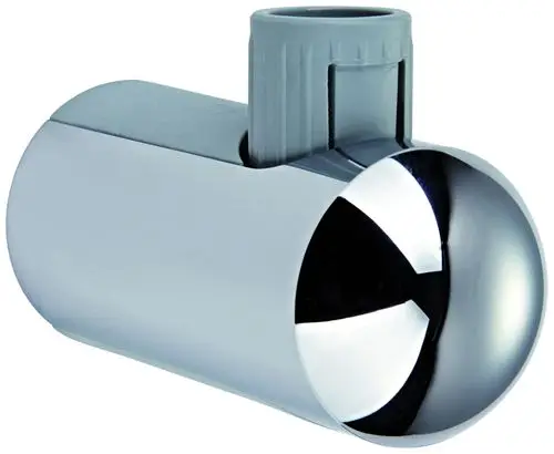 GROHE Brausestangenhalter in glänzendem Metall mit grauem Kunststoffteil zur Befestigung an einer Brausestange.