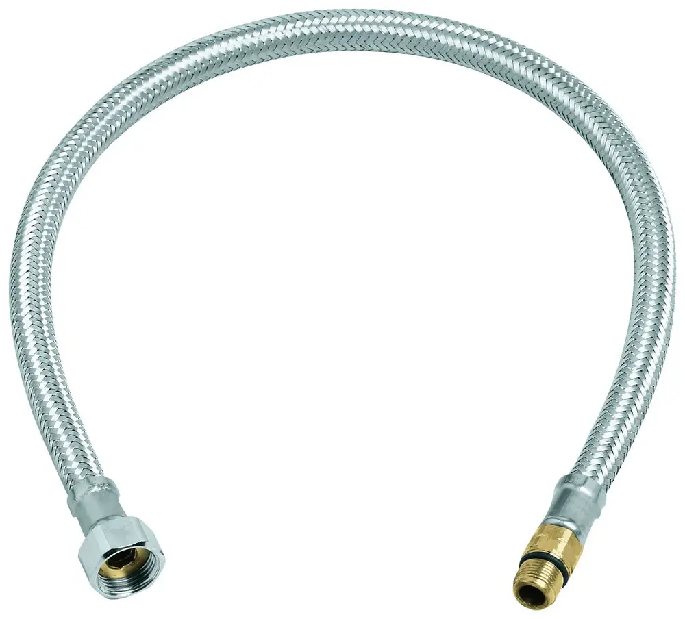 Flexibler Druckschlauch von Grohe mit beiden Anschlussstücken, einem Ende mit einer Mutter und dem anderen Ende mit einem Gewinde. Metallische Ummantelung sichtbar.