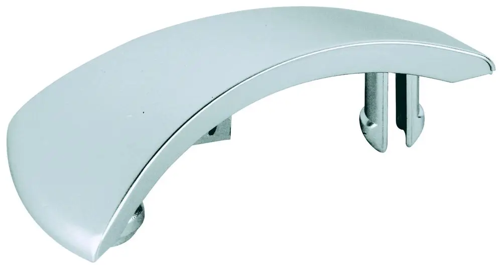 Grohe Abdeckkappe in Mattchrom, mit geschwungener Form und zwei Befestigungsstiften auf der Rückseite. Geeignet für kleine Hebel.