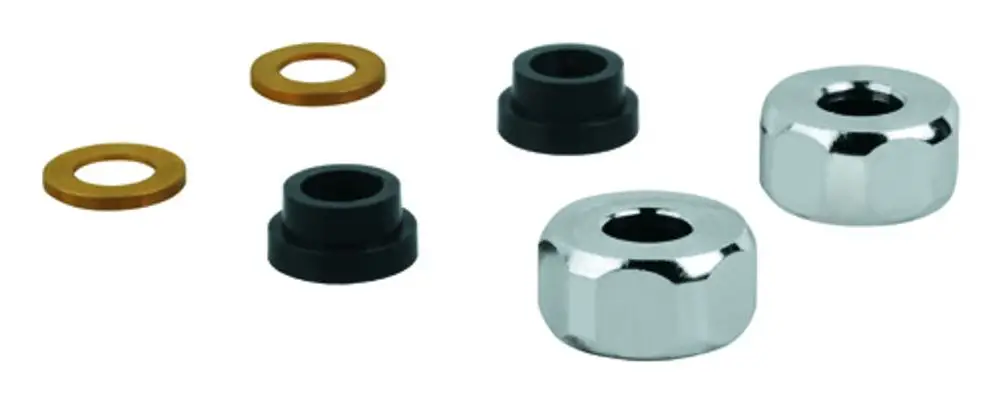 Verschraubungen von Grohe in verschiedenen Größen, bestehend aus zwei verchromten und zwei schwarzen Kunststoffteilen sowie einem goldenen Ring.