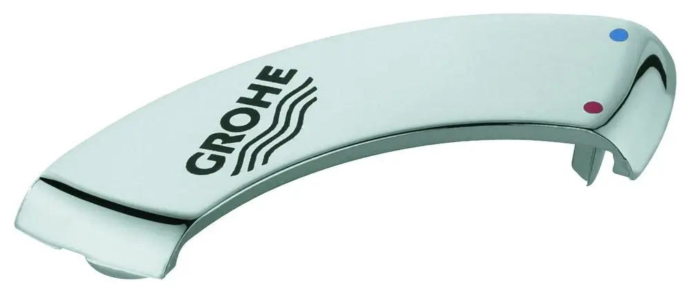 Abdeckkappe in Chromoptik mit blauen und roten Markierungen, hergestellt von Grohe, für einen Hebel. Form mit abgerundeten Kanten.