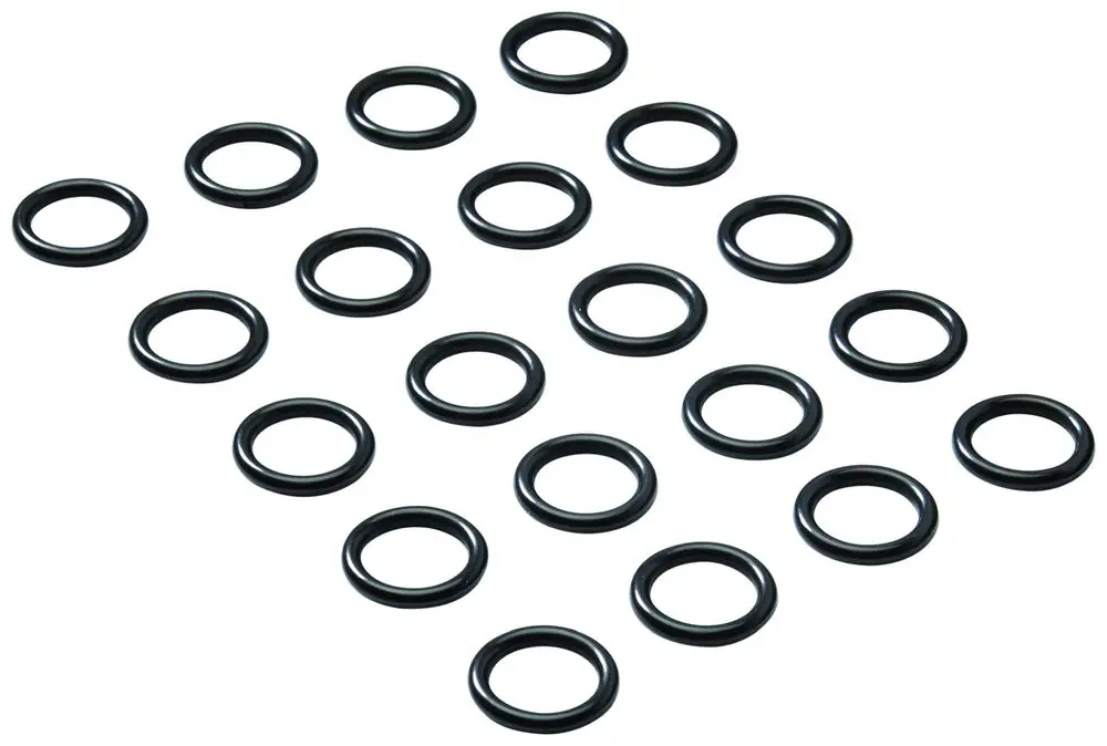 Schwarze O-Ringe, vermutlich von Grohe, in einer Anordnung von 20 Stück auf einem hellen Hintergrund.