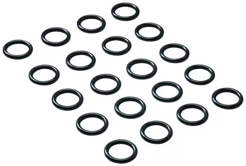 Schwarze O-Ringe, vermutlich von Grohe, in einer Anordnung von 20 Stück auf einem hellen Hintergrund.