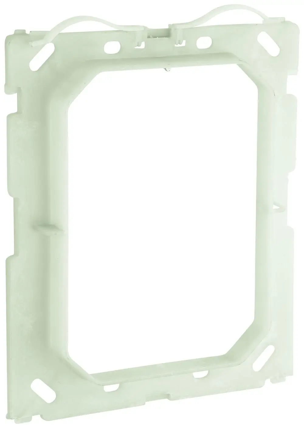 Halterahmen von Grohe in Kunststoff, entworfen zur Befestigung von Abdeckplatten an Sanitärinstallationen. Quadratische Form mit mehreren Befestigungslöchern.
