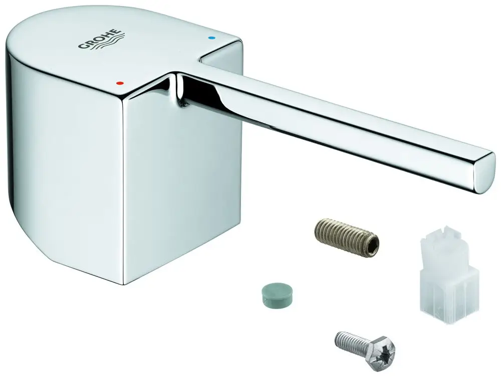 Grohe Hebel aus verchromtem Material mit Montagezubehör. Der Hebel hat eine rechteckige Form und ist für eine Einlochmontage vorgesehen.