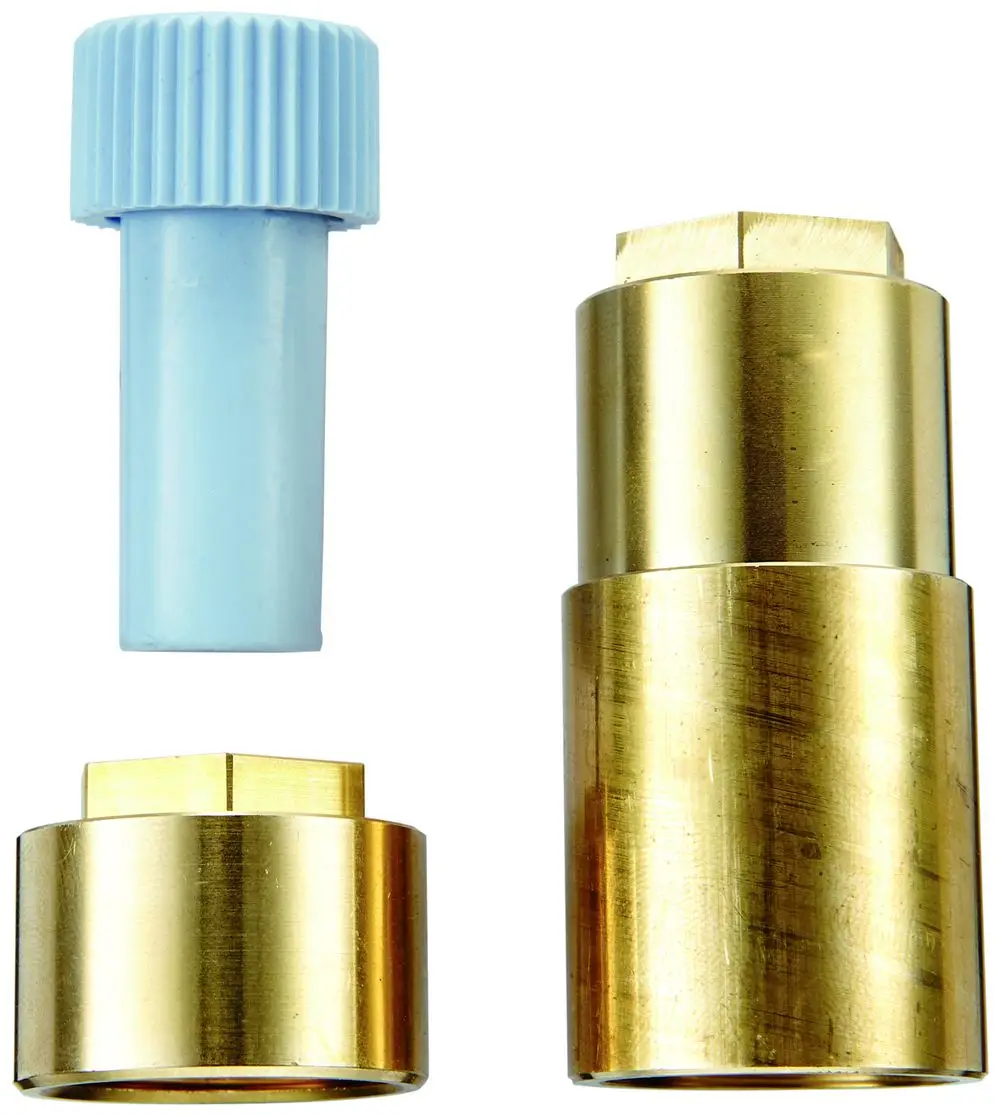 Drei Komponenten aus Metall und Kunststoff, darunter eine blaue Kappe und zwei Metallteile in goldener Farbe, zur Befestigung von Grohe Produkten.