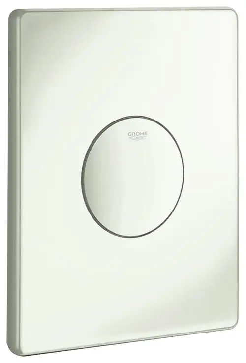Weißes WC-Betätigungsfeld von Grohe mit runder Druckknopfbetätigung, schlichtes Design, montiert an einer Wand.