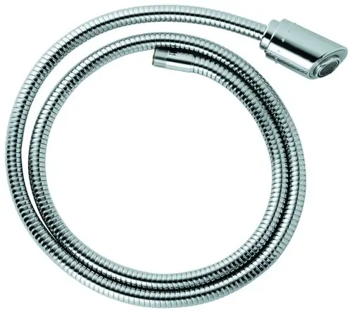 Metallischer Brauseschlauch von Grohe, flexibel und in chromfarbene Ausführung, mit einem Anschlussstück und einem Brausekopf am Ende, verlegt in spiralisierte Form.