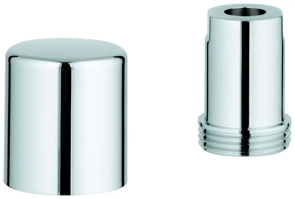 Zwei chromfarbene Umstellknöpfe von Grohe, einer mit einer glatten, abgerundeten Oberseite und ein anderer mit einem Gewinde zur Befestigung.