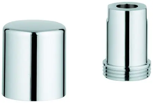 Zwei chromfarbene Umstellknöpfe von Grohe, einer mit einer glatten, abgerundeten Oberseite und ein anderer mit einem Gewinde zur Befestigung.