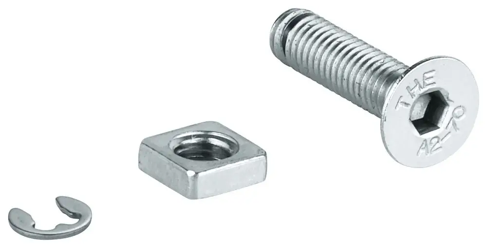 Grohe Befestigungselemente bestehend aus einer Schraube mit Sechskantkopf, einer quadratischen Mutter und einer Feder.