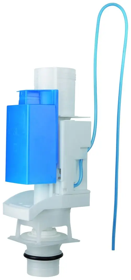 GROHE-Ablaufventil in weiß mit blauen Komponenten, geeignet für die Installation in Sanitäranlagen, inklusive flexibler Schlauchverbindung zur Wasserzufuhr.