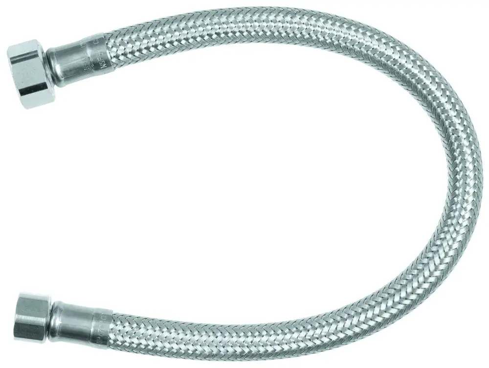Edelstahl-Druckschlauch mit flexibler Struktur und zwei verschraubbaren Endstücken, geeignet für Sanitärinstallationen von Grohe.