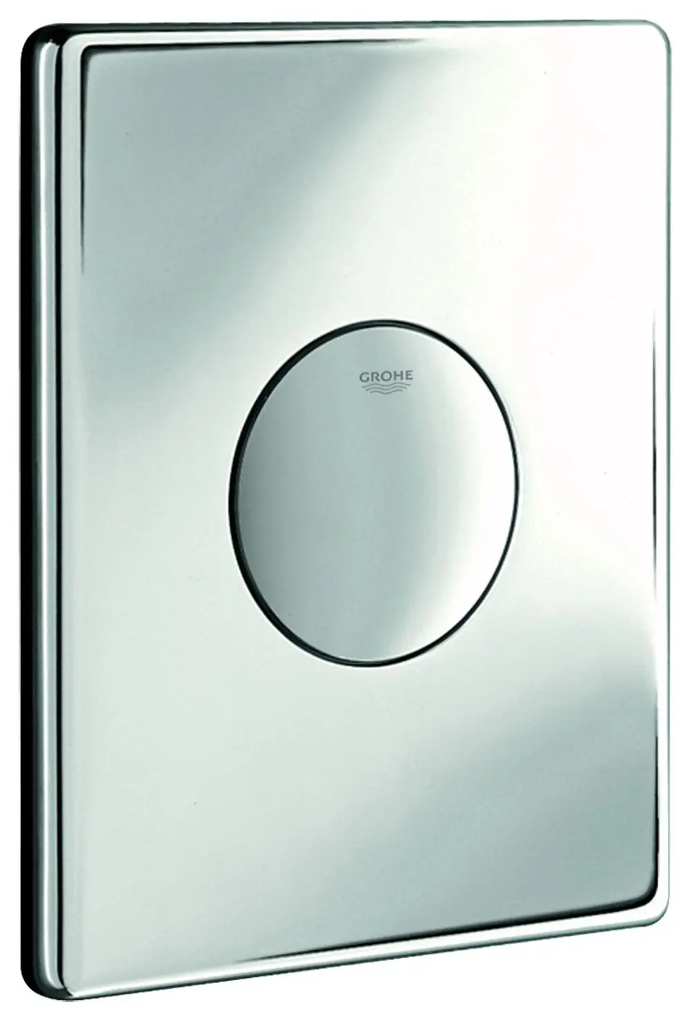 Wandmontierte Betätigungseinheit in chrom für WC mit runder Drucktaste. Markierung "Grohe" auf der Oberfläche.