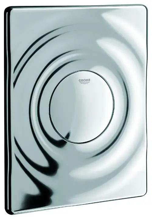 Betätigungselement aus glänzendem Chrom von Grohe mit kreisförmigem Drücker und gewellter Oberfläche, für WC-Anlagen geeignet.