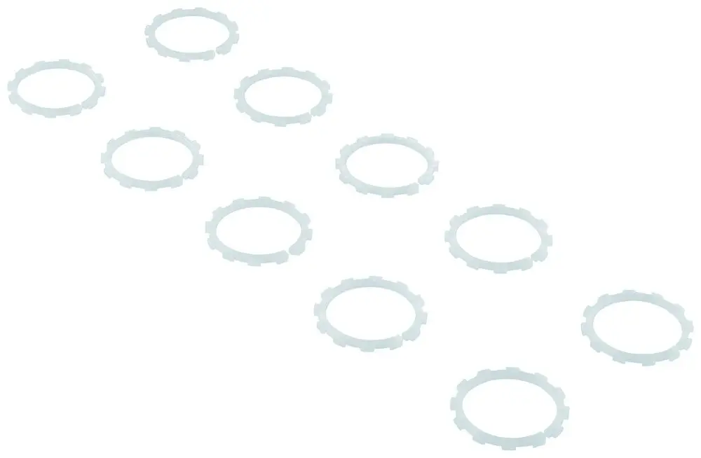 Zehn transparente Führungsringe von Grohe in ringförmiger Form, geeignet für die Montage von Griffen. Die Ringe sind gleichmäßig angeordnet.